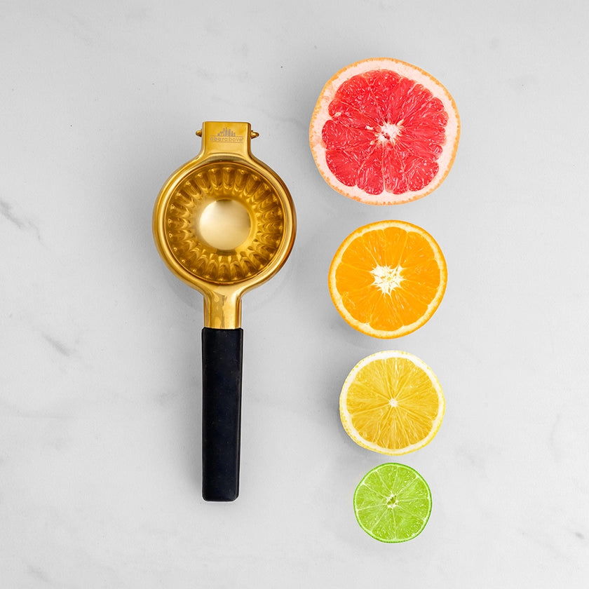 Gold citrus press with sliced oranges, lemons, and a lime on a light gray background