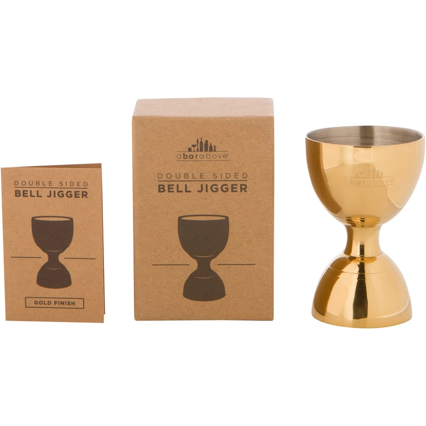 Gold double-sided bell jigger with packaging on a white background