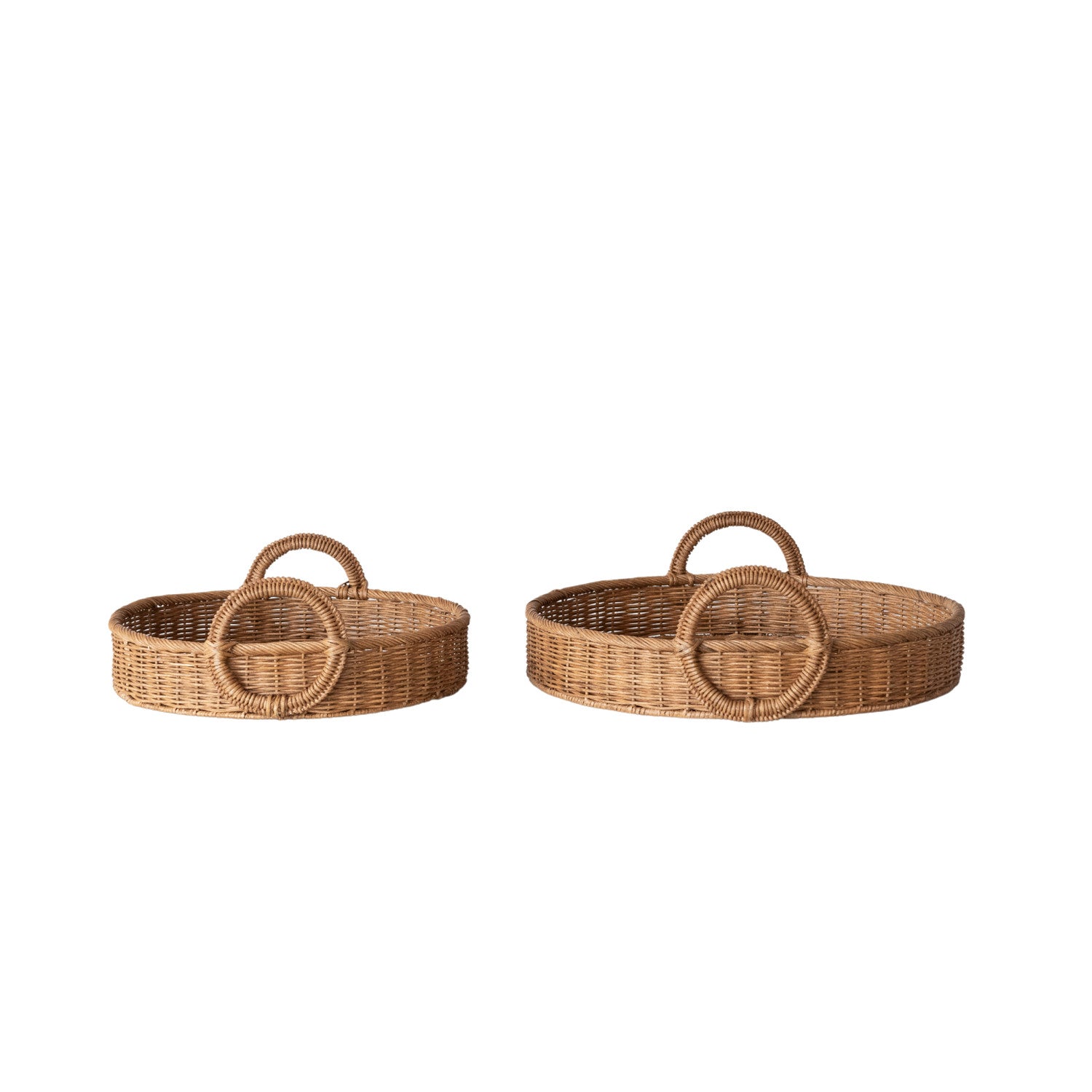 Decorative Woven Rattan Trays with Circle Handles, Natural, Set of 2